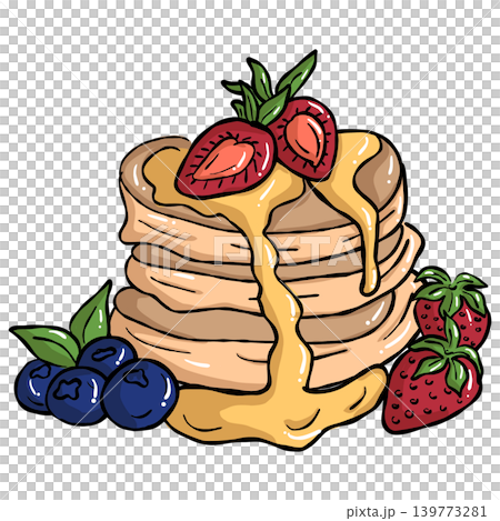 Hand draw cozy sweet food illustration of pancake with syrup and berry topping Hand draw cozy sweet food illustration of pancake with syrup and berry topping 139773281