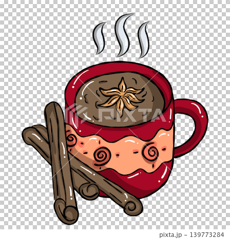 Hand draw cozy sweet food illustration hot chocolate mug with cinnamon steam 139773284