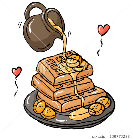 Waffle syrup banana plate hand draw cozy sweet food illustration with honey drizzle and heart 139773288