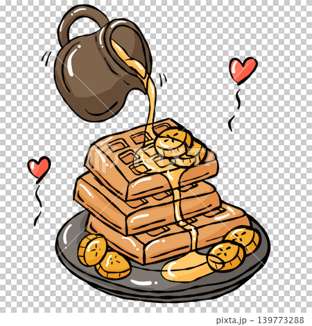 Waffle syrup banana plate hand draw cozy sweet food illustration with honey drizzle and heart Waffle syrup banana plate hand draw cozy sweet food illustration with honey drizzle and heart 139773288