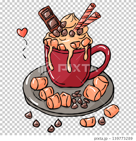 Hand draw cozy sweet food illustration of hot chocolate mug with marshmallow and wafer 139773289