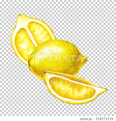 Watercolor lemon fruit composition with whole lemon, half and slice botanical illustration on isolated background Watercolor lemon fruit composition with whole lemon, half and slice botanical illustration on isolated background 139773319