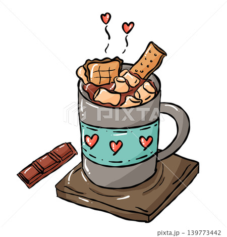 Cozy Sweet food illustration, Hand draw warm cocoa mug love marshmallows doodle line Cozy Sweet food illustration, Hand draw warm cocoa mug love marshmallows doodle line 139773442