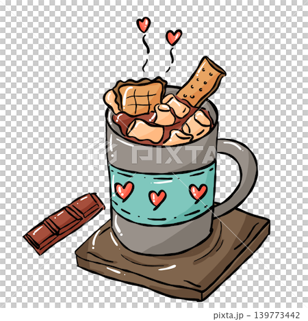 Cozy Sweet food illustration, Hand draw warm cocoa mug love marshmallows doodle line 139773442