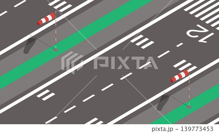 Isometric airport runway with markings and striped weather vanes indicating wind direction. 3D cartoon vector isolated on white background Isometric airport runway with markings and striped weather vanes indicating wind direction. 3D cartoon vector isolated on white background 139773453