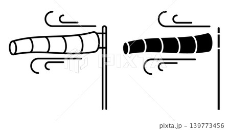 Linear icon. Striped aviation weather vane fluttering in the wind, showing the direction of the wind. Simple black and white vector symbol isolated on white background 139773456