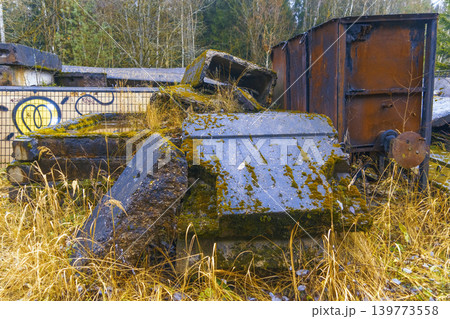Overgrown junkyard with colorful murals. Abandoned automotive relics covered in moss and rust Overgrown junkyard with colorful murals. Abandoned automotive relics covered in moss and rust 139773558