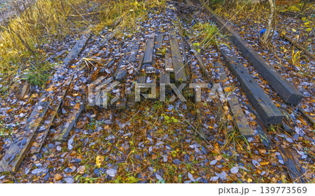Rusty tracks lost in nature. Abandoned railway lines covered with leaves and aged timber sleepers Rusty tracks lost in nature. Abandoned railway lines covered with leaves and aged timber sleepers 139773569