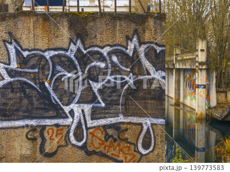 Street art with dark accents. Weathered urban surface showcasing layered graffiti and paint drips Street art with dark accents. Weathered urban surface showcasing layered graffiti and paint drips 139773583