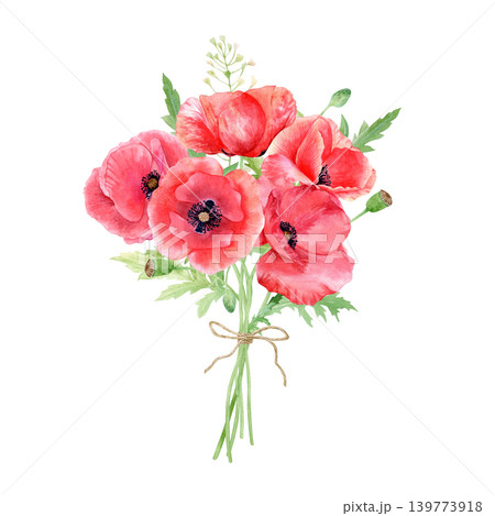 Watercolor red poppy bouquet illustration isolated on white background. Hand drawn floral composition tied with a twine bow for wedding invitations, greeting cards, and rustic stationery design. Watercolor red poppy bouquet illustration isolated on white background. Hand drawn floral composition tied with a twine bow for wedding invitations, greeting cards, and rustic stationery design. 139773918