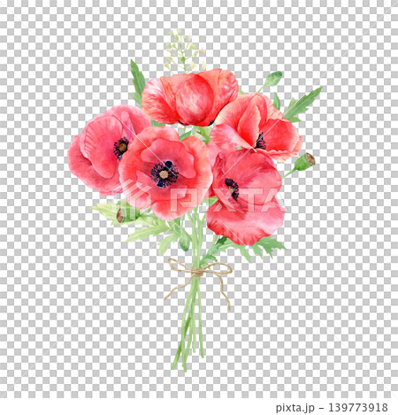 Watercolor red poppy bouquet illustration isolated on white background. Hand drawn floral composition tied with a twine bow for wedding invitations, greeting cards, and rustic stationery design. Watercolor red poppy bouquet illustration isolated on white background. Hand drawn floral composition tied with a twine bow for wedding invitations, greeting cards, and rustic stationery design. 139773918