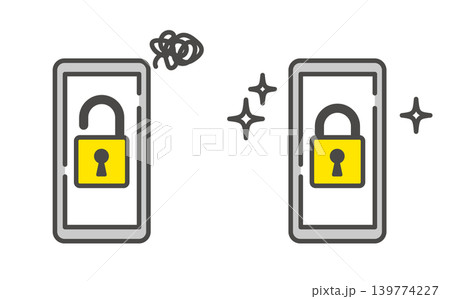 パスワードロックされたスマホとされていないスマホの比較イラスト パスワードロックされたスマホとされていないスマホの比較イラスト 139774227