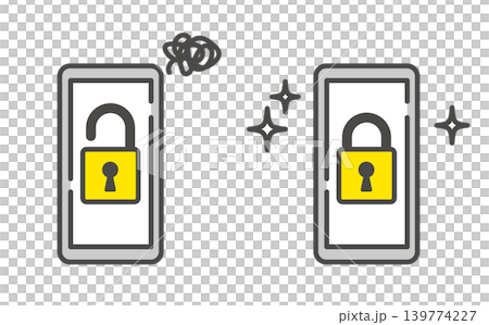 パスワードロックされたスマホとされていないスマホの比較イラスト パスワードロックされたスマホとされていないスマホの比較イラスト 139774227