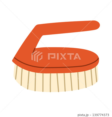Cleaning scrub brush with red handle and light bristles flat vector illustration isolated on white background. Simple household cleaning tool Cleaning scrub brush with red handle and light bristles flat vector illustration isolated on white background. Simple household cleaning tool 139774373