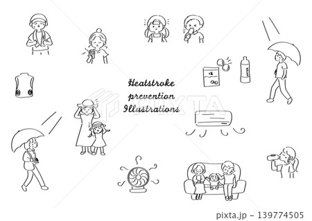 熱中症対策関連の線画イラストセット 熱中症対策関連の線画イラストセット 139774505