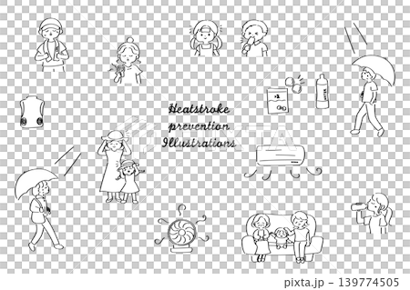 熱中症対策関連の線画イラストセット 熱中症対策関連の線画イラストセット 139774505