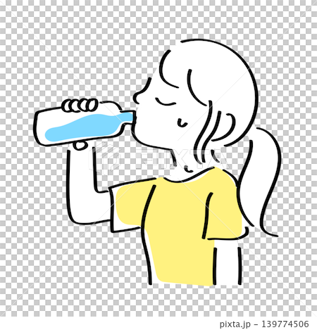 插圖描繪了一位女性在補充水分時的側臉和上半身。 插圖描繪了一位女性在補充水分時的側臉和上半身。 139774506
