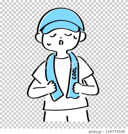 A man puts a cold towel or scarf around his neck to prevent heatstroke. 139774509