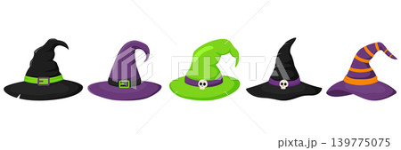 Collection of five colorful witch hats with buckles stripes and skull decorations on isolated background 139775075