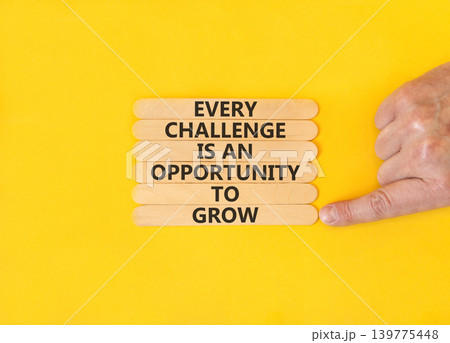 Challenge word symbol. Concept words Every challenge is an opportunity to grow on beautiful wooden sticks. Beautiful yellow paper background. Business challenge is an opportunity concept. Copy space. 139775448