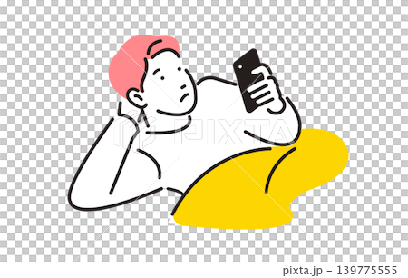 寝転がりながらスマホを見る男性 寝転がりながらスマホを見る男性 139775555