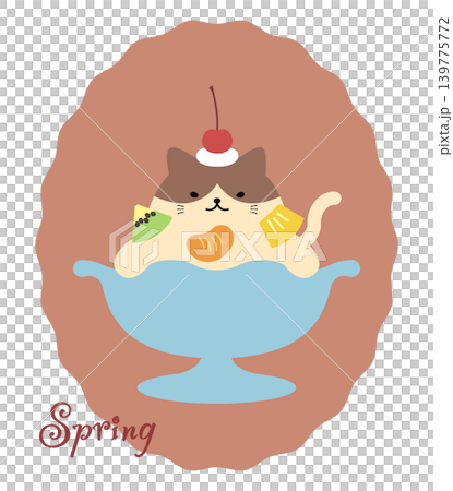 ハチワレ猫とプリンアラモードのかわいいイラスト ハチワレ猫とプリンアラモードのかわいいイラスト 139775772