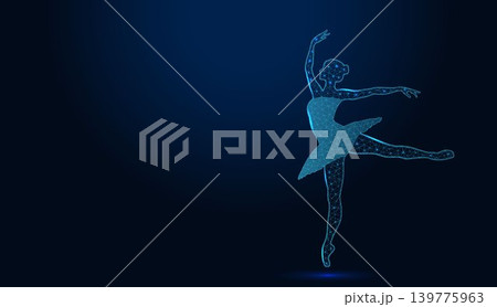Low poly wireframe ballerina dancing on dark blue background. Low poly wireframe ballerina dancing on dark blue background. 139775963