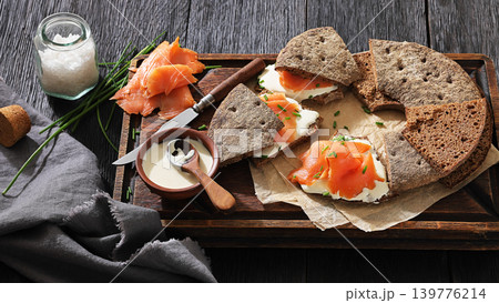 Finnish reikaleipa sandwich with salmon and cheese Finnish reikaleipa sandwich with salmon and cheese 139776214