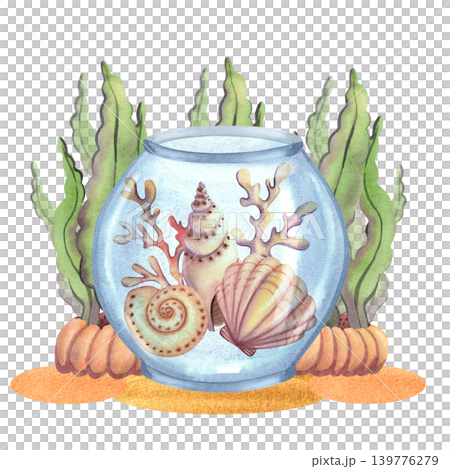 Glass round aquarium with seashells and starfish surrounded by algae, isolated. Hand-drawn watercolor illustration of underwater plants in green and blue for card design and prints. Glass round aquarium with seashells and starfish surrounded by algae, isolated. Hand-drawn watercolor illustration of underwater plants in green and blue for card design and prints. 139776279