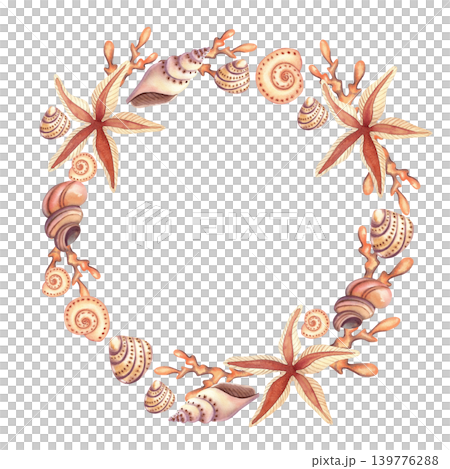 Watercolor frame with seashells and starfish. Wreath with underwater plants and shellfish in brown and orange colors. Hand-drawn illustration for card design, prints. Watercolor frame with seashells and starfish. Wreath with underwater plants and shellfish in brown and orange colors. Hand-drawn illustration for card design, prints. 139776288