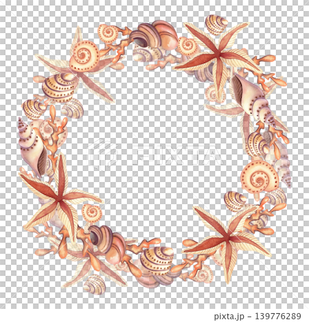 Watercolor frame with seashells and starfish, isolated. Wreath with underwater plants and shellfish in brown and orange colors. Hand-drawn illustration for card design, prints. 139776289