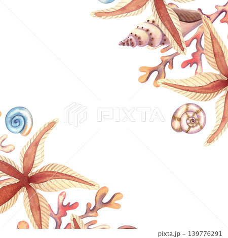 Watercolor square frame with seashell spirals and starfish, isolated. Hand-drawn illustration of underwater plants and mollusks in brown and orange colors for card design, prints 139776291