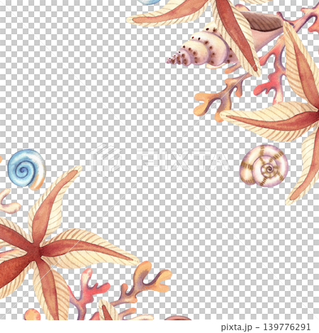 Watercolor square frame with seashell spirals and starfish, isolated. Hand-drawn illustration of underwater plants and mollusks in brown and orange colors for card design, prints Watercolor square frame with seashell spirals and starfish, isolated. Hand-drawn illustration of underwater plants and mollusks in brown and orange colors for card design, prints 139776291