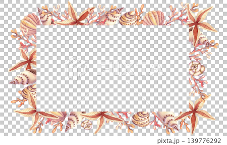 Watercolor rectangular frame with seashell spirals and stars, isolated. Hand-drawn illustration of underwater plants and mollusks in brown and orange colors for card design, prints 139776292