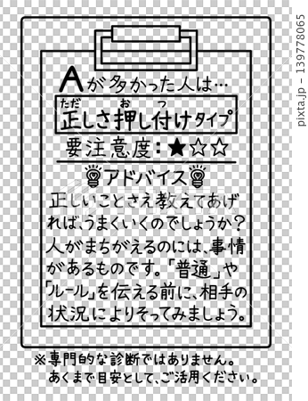 ロジハラ(ロジカルハラスメント)のセルフチェック結果、正しさ押し付けタイプの傾向とアドバイス ロジハラ(ロジカルハラスメント)のセルフチェック結果、正しさ押し付けタイプの傾向とアドバイス 139778065