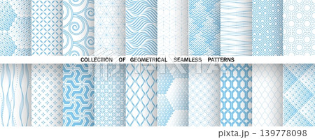 Geometric set of seamless blue and white patterns. Simple vector graphics 139778098