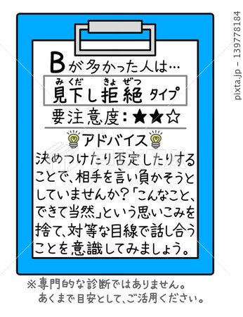 ロジハラ(ロジカルハラスメント)のセルフチェック結果、見下し拒絶タイプの傾向とアドバイス ロジハラ(ロジカルハラスメント)のセルフチェック結果、見下し拒絶タイプの傾向とアドバイス 139778184