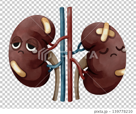 Sad injured kidneys cartoon character with bandages and tears. Watercolor illustration of kidney failure, disease, or chronic renal pain concept. Sad injured kidneys cartoon character with bandages and tears. Watercolor illustration of kidney failure, disease, or chronic renal pain concept. 139778210