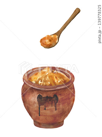 壺に入った味噌を木さじで掬う、手描き水彩イラスト 139778325