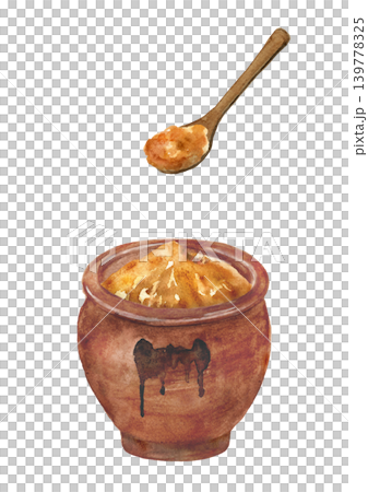 壺に入った味噌を木さじで掬う、手描き水彩イラスト 139778325