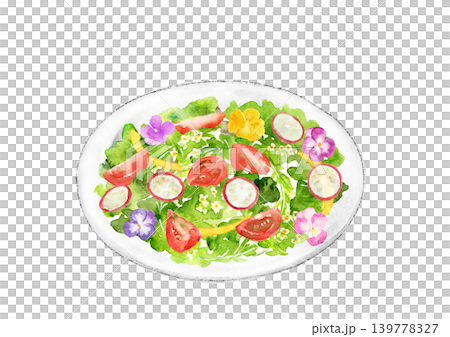 A salad decorated with hand-painted watercolor edible flowers. A salad decorated with hand-painted watercolor edible flowers. 139778327