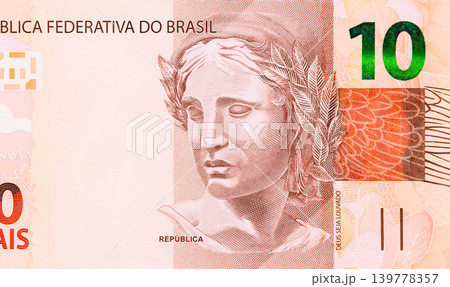 Symbolic sculpture of Brazilian Republic on 10 Reais banknote from Brazil issued Central Bank of Brasil 139778357