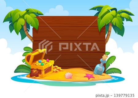 Wooden signboard with palms and pirate treasures at tropical island in ocean. Wooden signboard banner or poster for Caribbean sea adventure with pirate treasure chest, bottle with message and seashell Wooden signboard with palms and pirate treasures at tropical island in ocean. Wooden signboard banner or poster for Caribbean sea adventure with pirate treasure chest, bottle with message and seashell 139779135