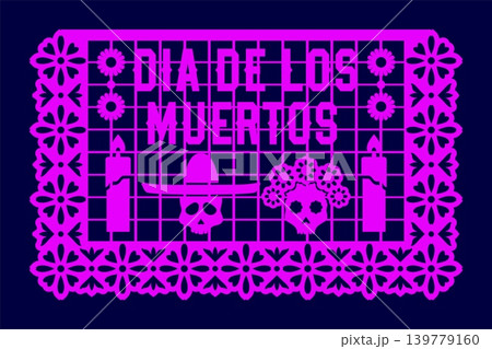 Mexican paper cut papel picado flag of Dia de los Muertos or Day of the Dead festival. Traditional purple vector paper flag with skulls, daisies, and candles for cultural event Mexican paper cut papel picado flag of Dia de los Muertos or Day of the Dead festival. Traditional purple vector paper flag with skulls, daisies, and candles for cultural event 139779160
