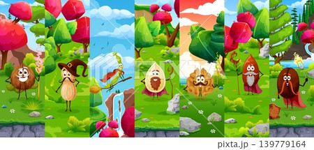 Cartoon nut Halloween sorcerer mage or wizard characters collage. Funny vector magical nuts and seeds fairytale personages dressed as magicians with capes, staffs and hats in fantasy forest landscapes 139779164
