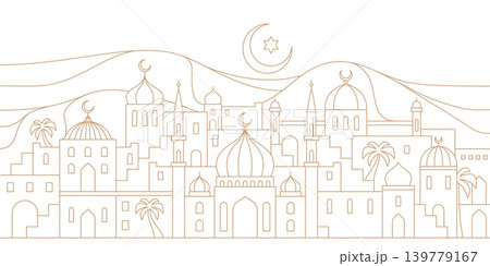 Arabian city landscape silhouette with Muslim mosques, domes and minarets, arches and palm trees with crescent moon and star over desert mountains. Ramadan holiday vector background Arabian city landscape silhouette with Muslim mosques, domes and minarets, arches and palm trees with crescent moon and star over desert mountains. Ramadan holiday vector background 139779167