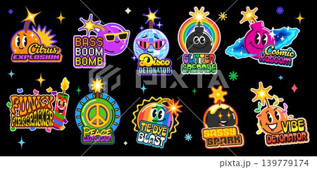 Dynamite bomb Y2K vintage stickers and TNT retro patch labels vector set. Groovy stickers of funny bombs with disco ball in sunglasses with funky face and rainbow wick or hippie peace sign Dynamite bomb Y2K vintage stickers and TNT retro patch labels vector set. Groovy stickers of funny bombs with disco ball in sunglasses with funky face and rainbow wick or hippie peace sign 139779174
