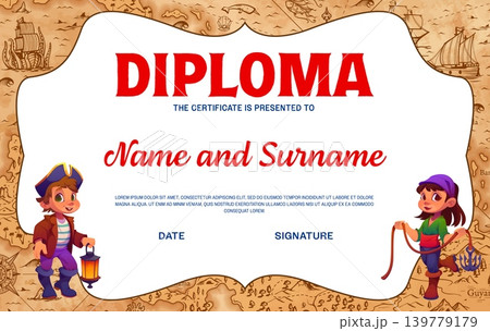 Kids pirate diploma certificate with funny children corsairs and treasures map background with frame. Vector award border template with cartoon boy and girl corsair characters fantasy adventure layout Kids pirate diploma certificate with funny children corsairs and treasures map background with frame. Vector award border template with cartoon boy and girl corsair characters fantasy adventure layout 139779179