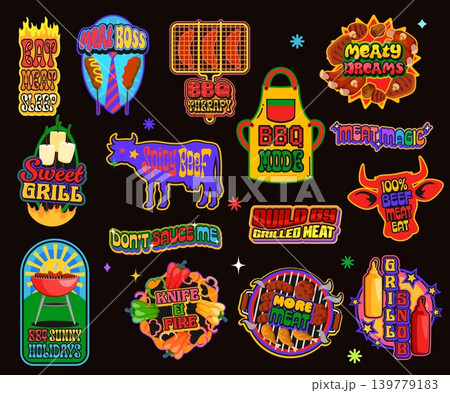 Vintage retro y2k bbq meat stickers, barbeque patch labels vector set featuring fun typography, beef cuts, grilling tools, sausages, flames, and cheeky slogans. Badges for summer cookout food festival Vintage retro y2k bbq meat stickers, barbeque patch labels vector set featuring fun typography, beef cuts, grilling tools, sausages, flames, and cheeky slogans. Badges for summer cookout food festival 139779183