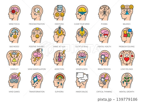 Psychology problem or mental health line vector icons of mindfulness, creativity and positive thinking. Mental health icons of panic attack, conflict, and transformation, balance, and brain process Psychology problem or mental health line vector icons of mindfulness, creativity and positive thinking. Mental health icons of panic attack, conflict, and transformation, balance, and brain process 139779186